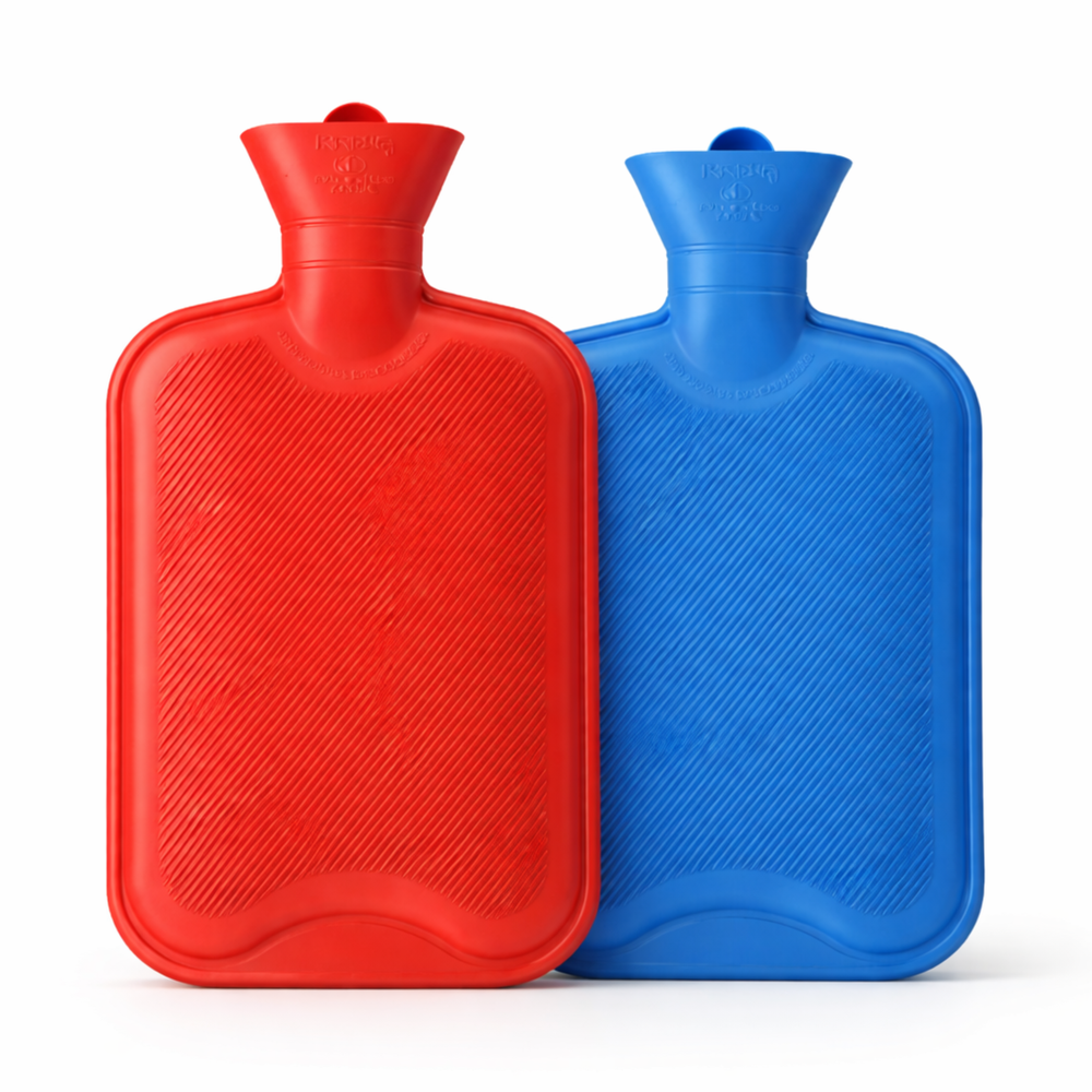 Front view product image of red and blue Youvee rubber hot water bottles on a light background.