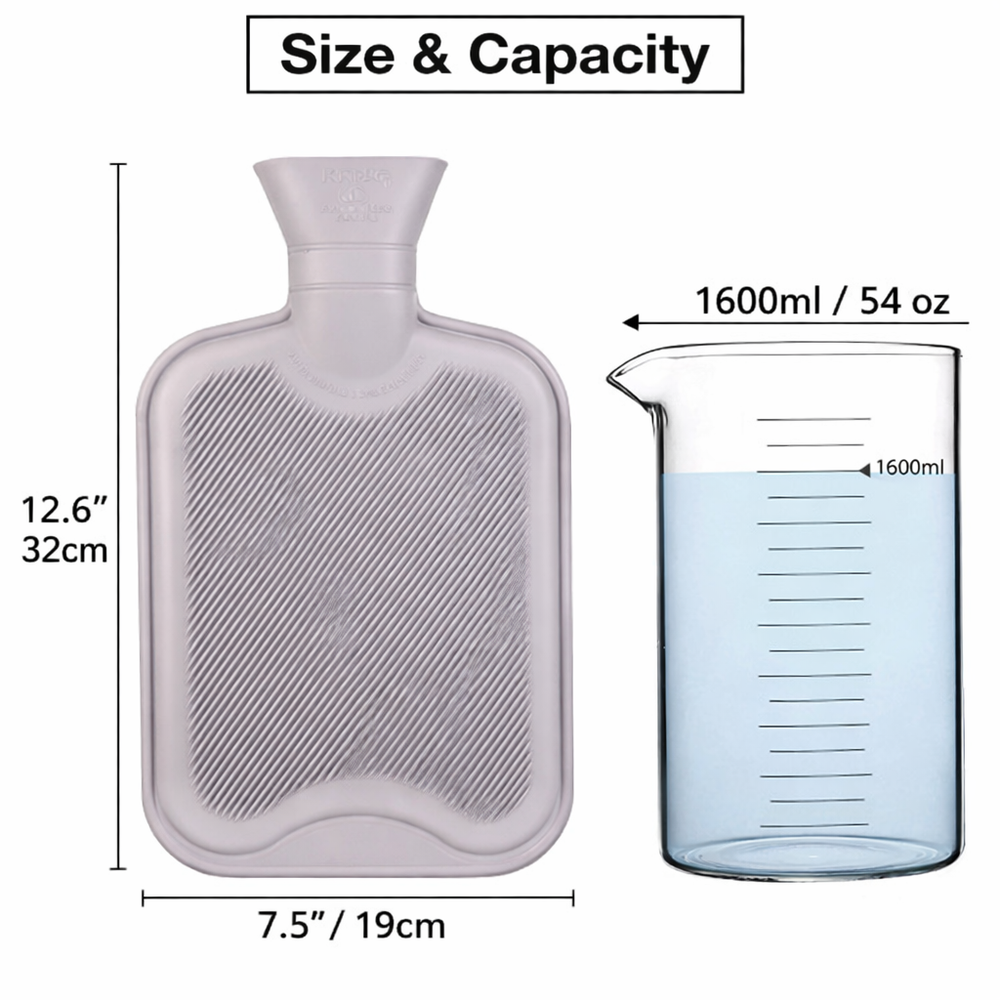 Youvee hot water bottle size and capacity infographic showing dimensions 32 cm by 19 cm and 1600 ml capacity.