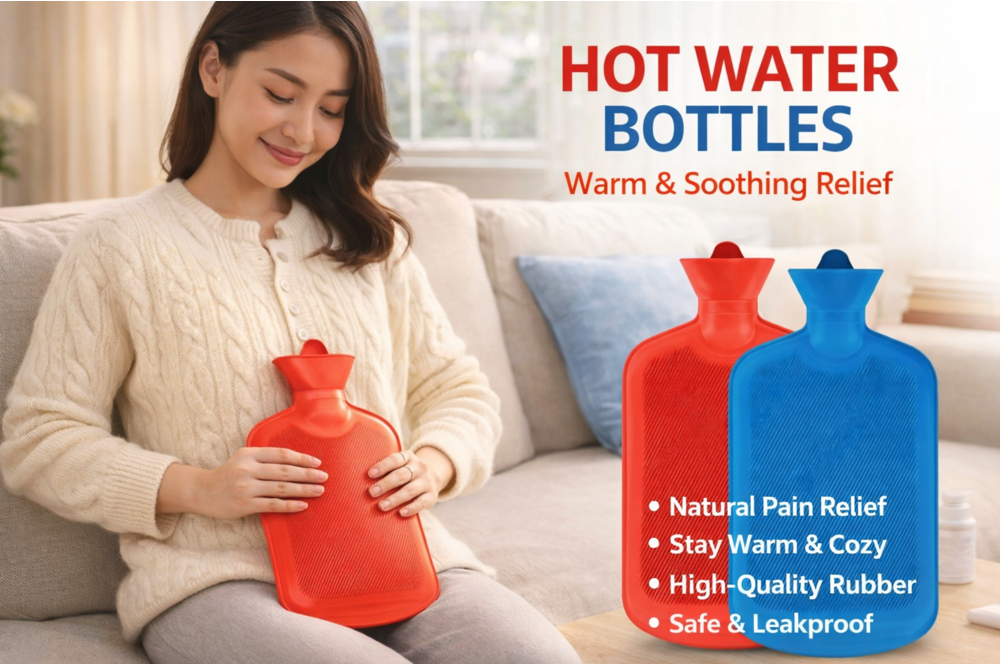 Youvee hot water bottles promotional banner showing a woman holding a red rubber hot water bottle with red and blue bottles and warm soothing relief text.