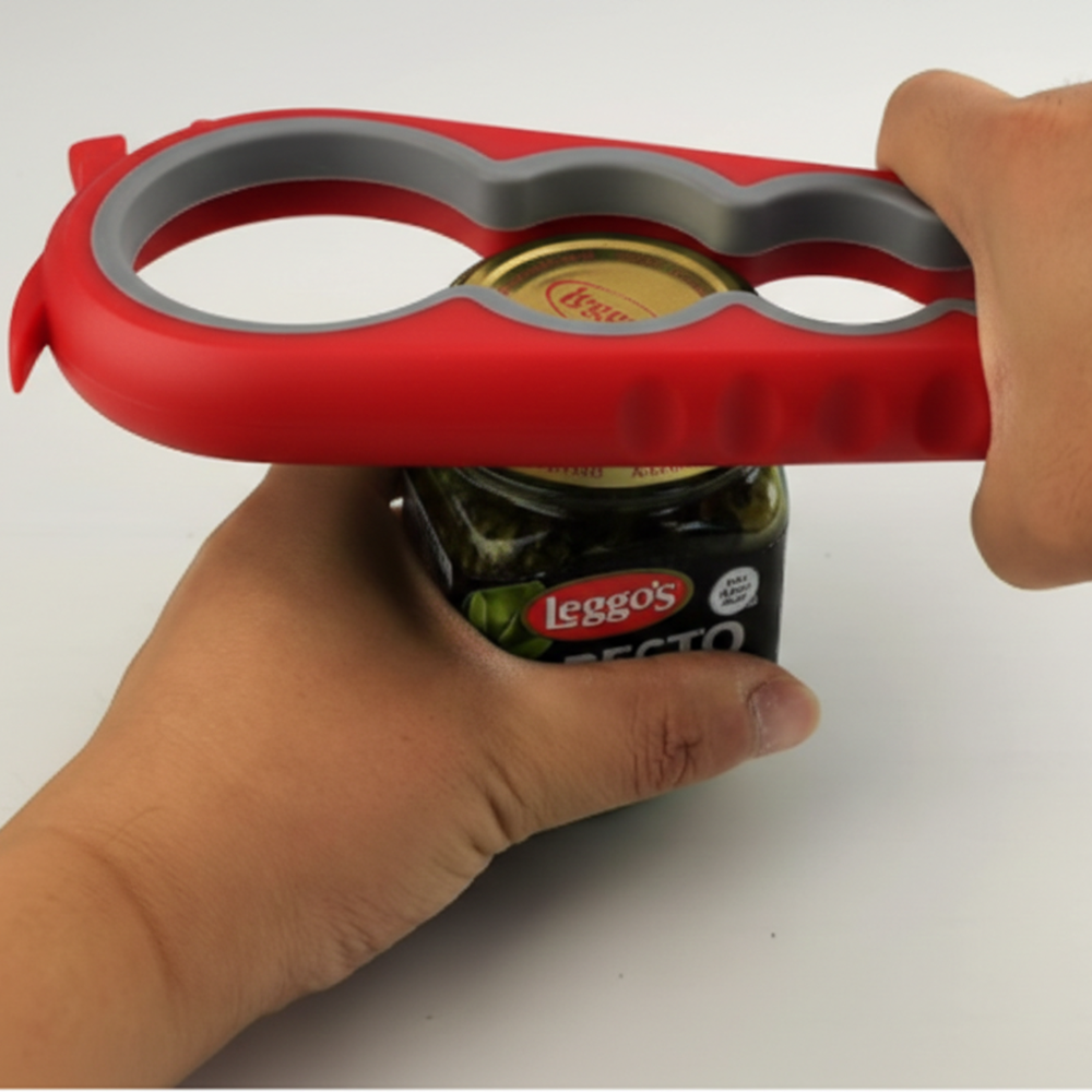 Red and gray jar opener gripping a jar lid to twist it open with less effort.