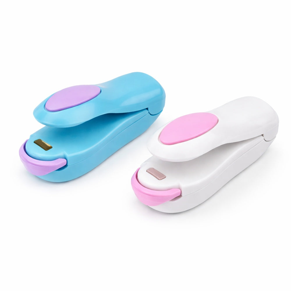 Two mini bag sealers (blue/purple and white/pink) for resealing snack bags and food pouches.