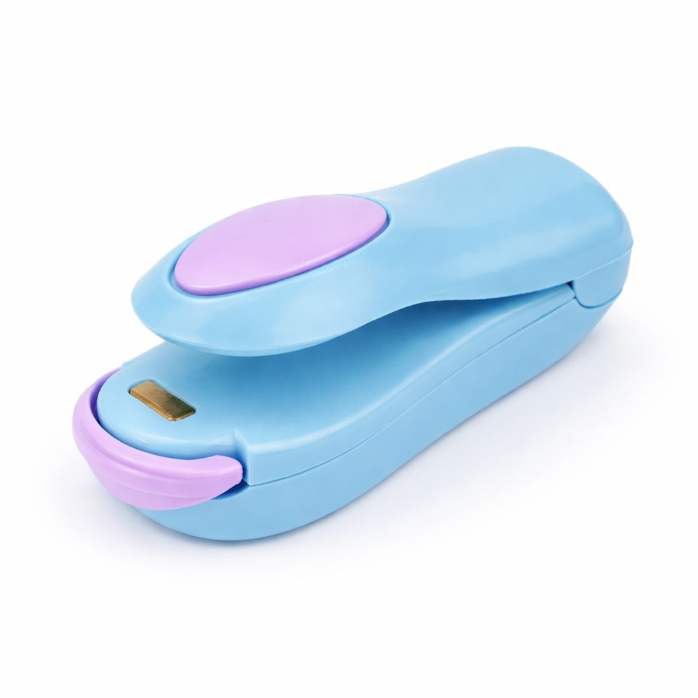 Blue handheld mini bag sealer with purple accents for resealing plastic snack and food bags.