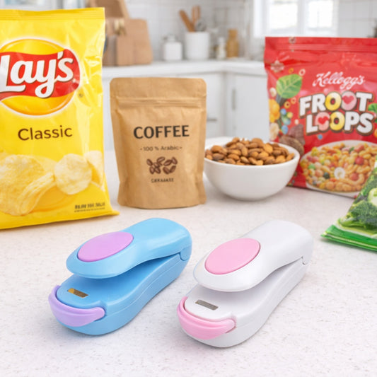 Mini bag sealers on a kitchen counter with food bags, showing quick resealing for fresher pantry items.