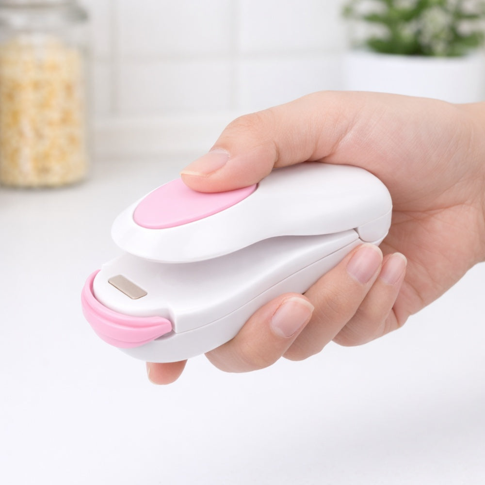 Hand holding the white-and-pink mini bag sealer, showing portable one-touch heat sealing.