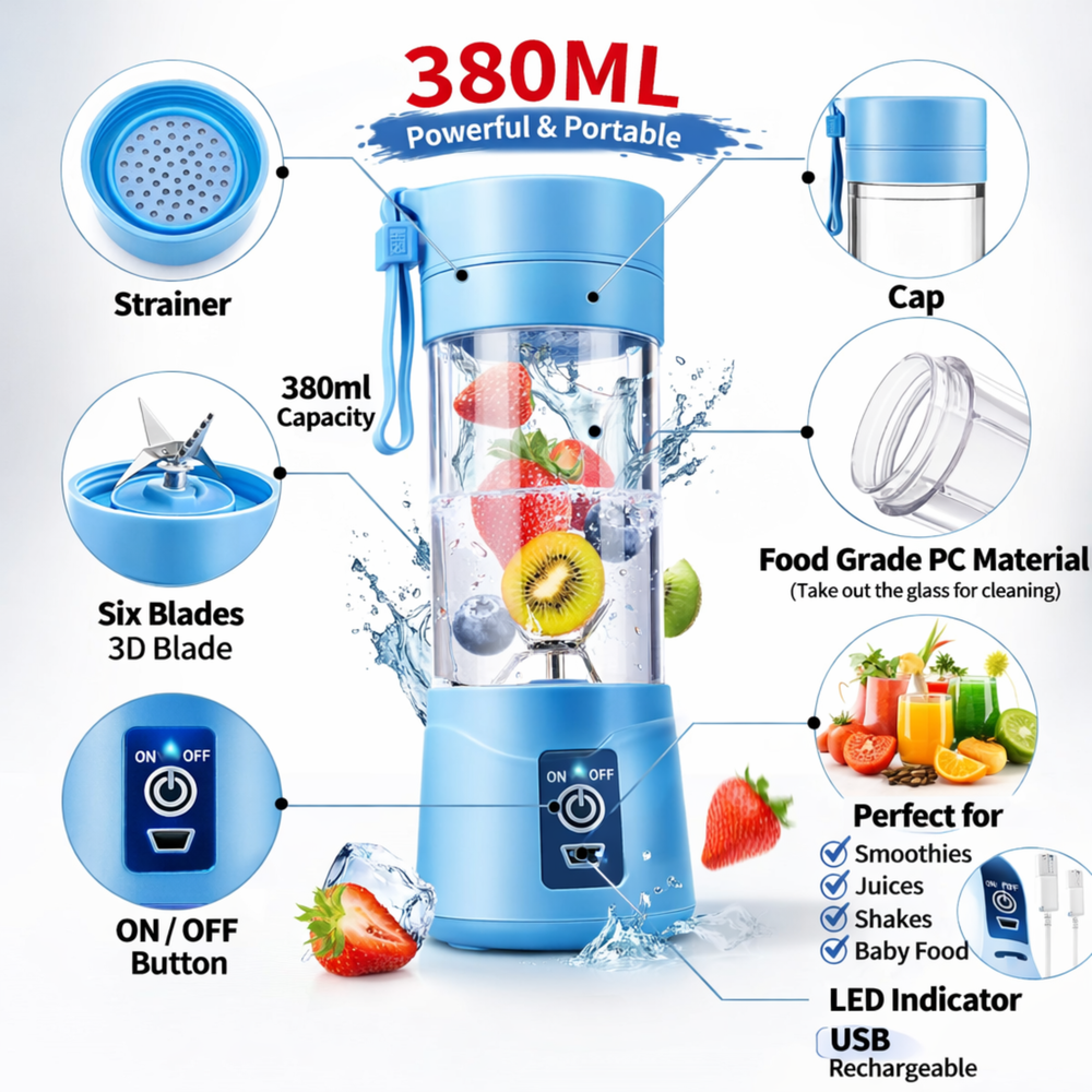 Blue 380 ml portable blender infographic showing strainer, six-blade 3D blade, ON/OFF button, food-grade material, and USB rechargeable indicator.