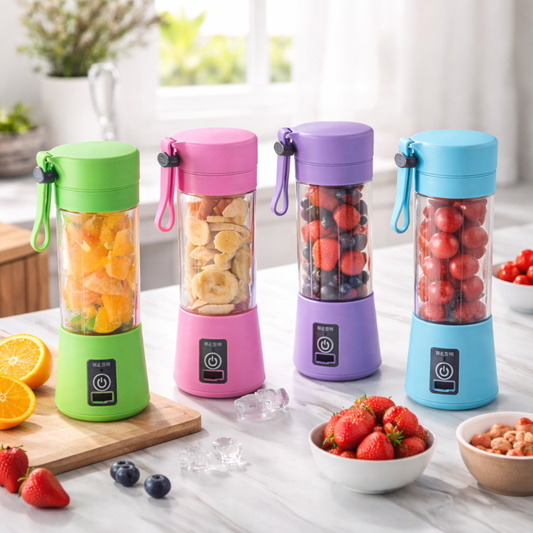 Four portable 380ml mini blenders in green, pink, purple, and blue on a kitchen counter, each filled with fruit.