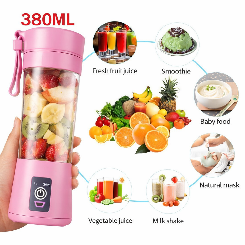 Pink 380 ml portable blender infographic showing uses for fresh fruit juice, smoothies, baby food, vegetable juice, and milkshakes.