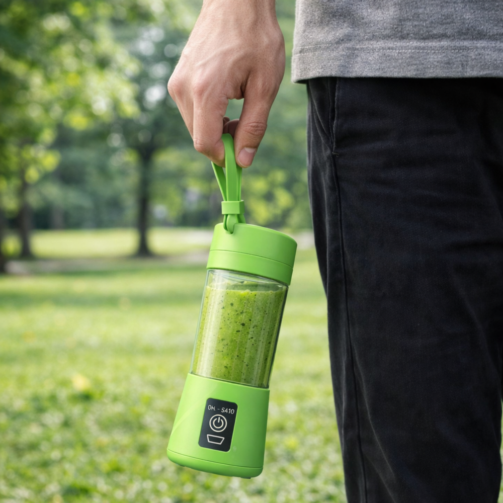 A green portable blender bottle with a green smoothie held by hand outdoors in a park.