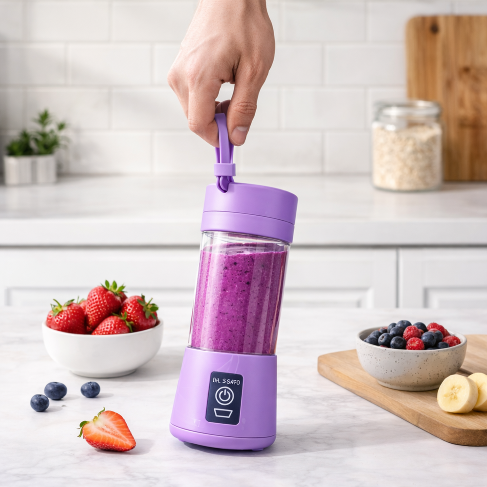 A purple portable blender bottle with a berry smoothie, held by the strap on a kitchen counter with strawberries and mixed berries nearby.