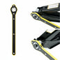 Ratcheting scissor jack wrench handle and scissor jack connection on a white background.