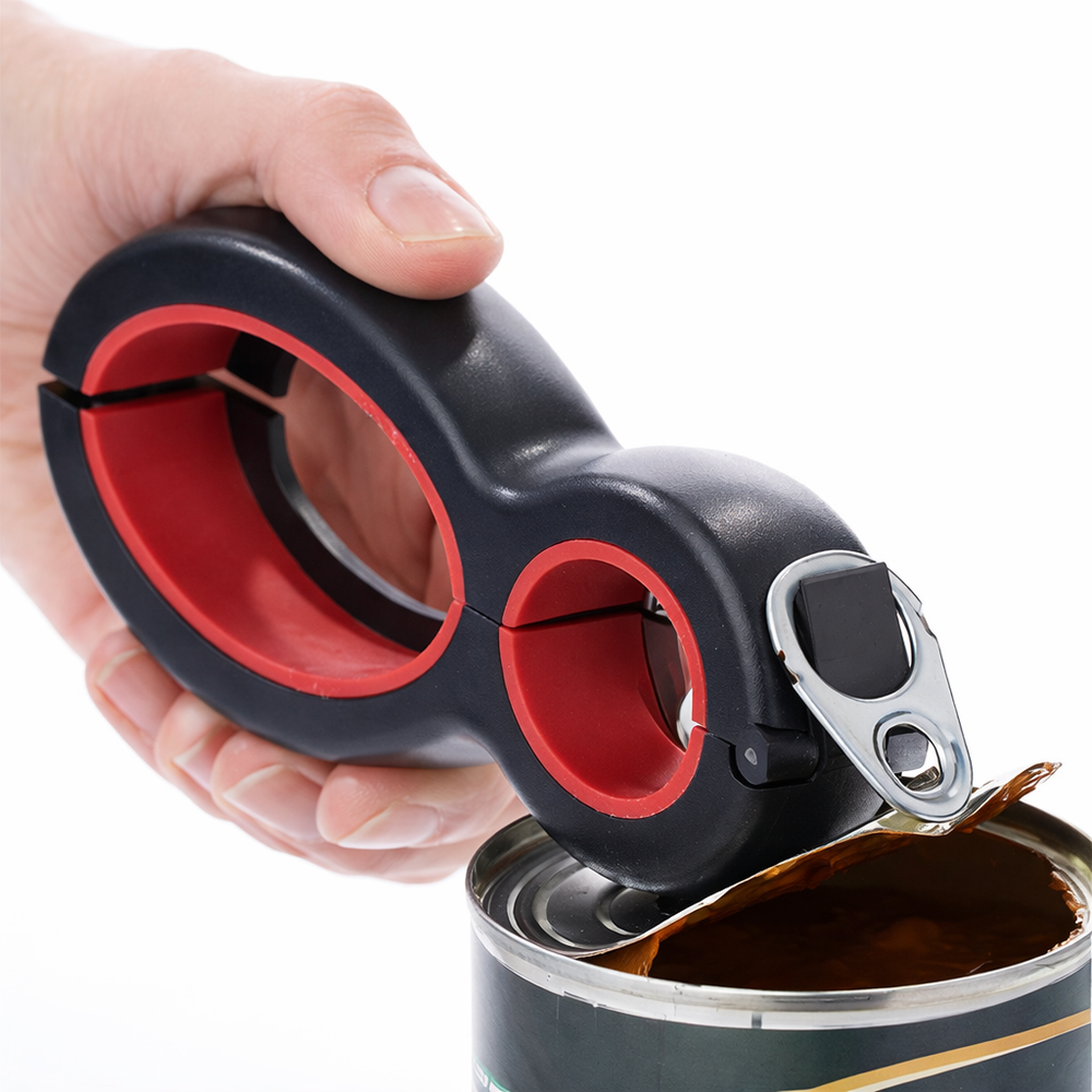 Hand using a black and red opener to pull back a ring-pull can lid.