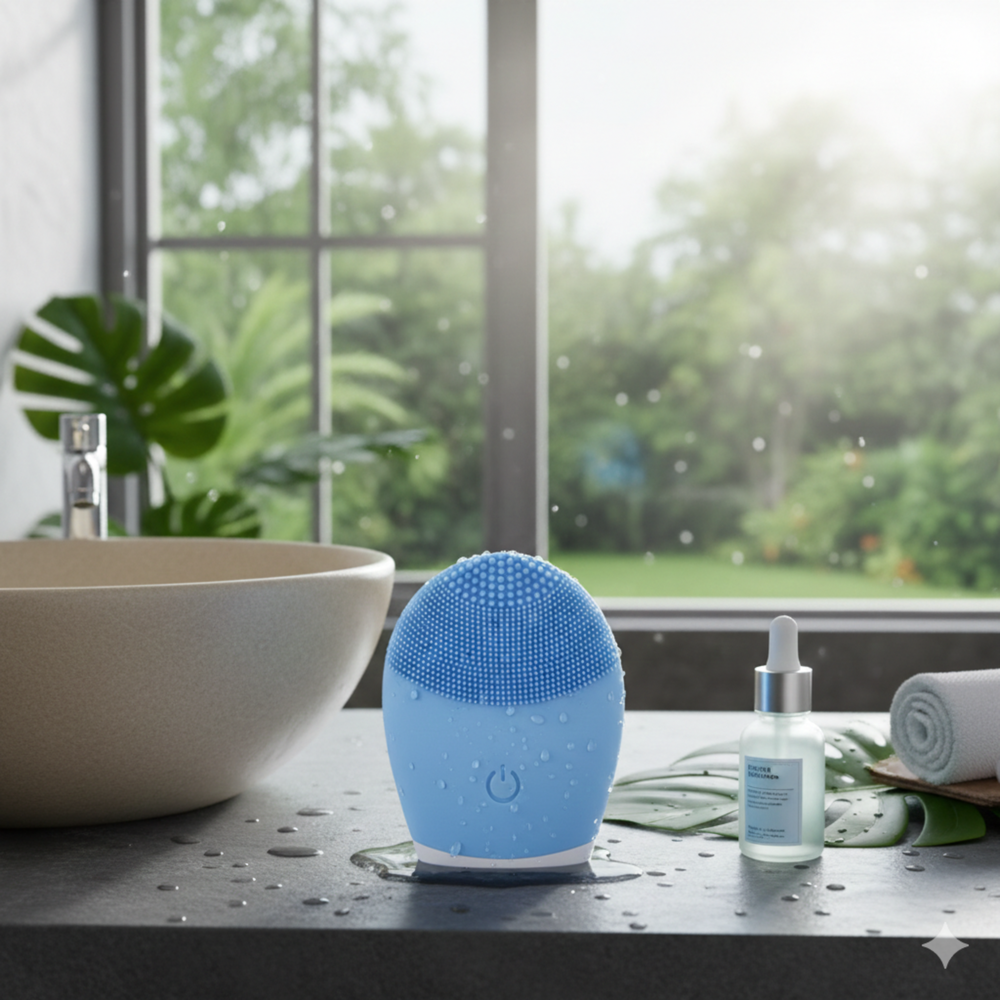 Blue silicone facial cleansing brush on a bathroom counter with water droplets and skincare items.
