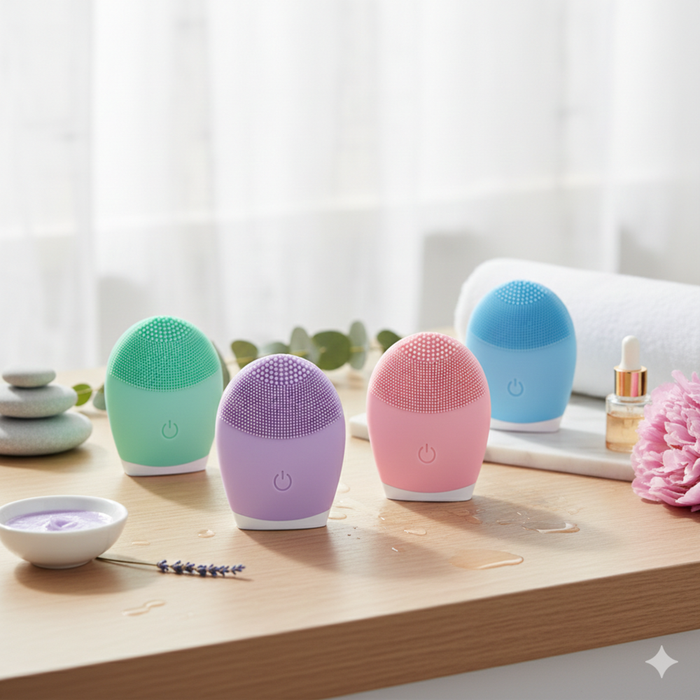 Set of silicone facial cleansing brushes in green, purple, pink, and blue on a spa-style countertop.