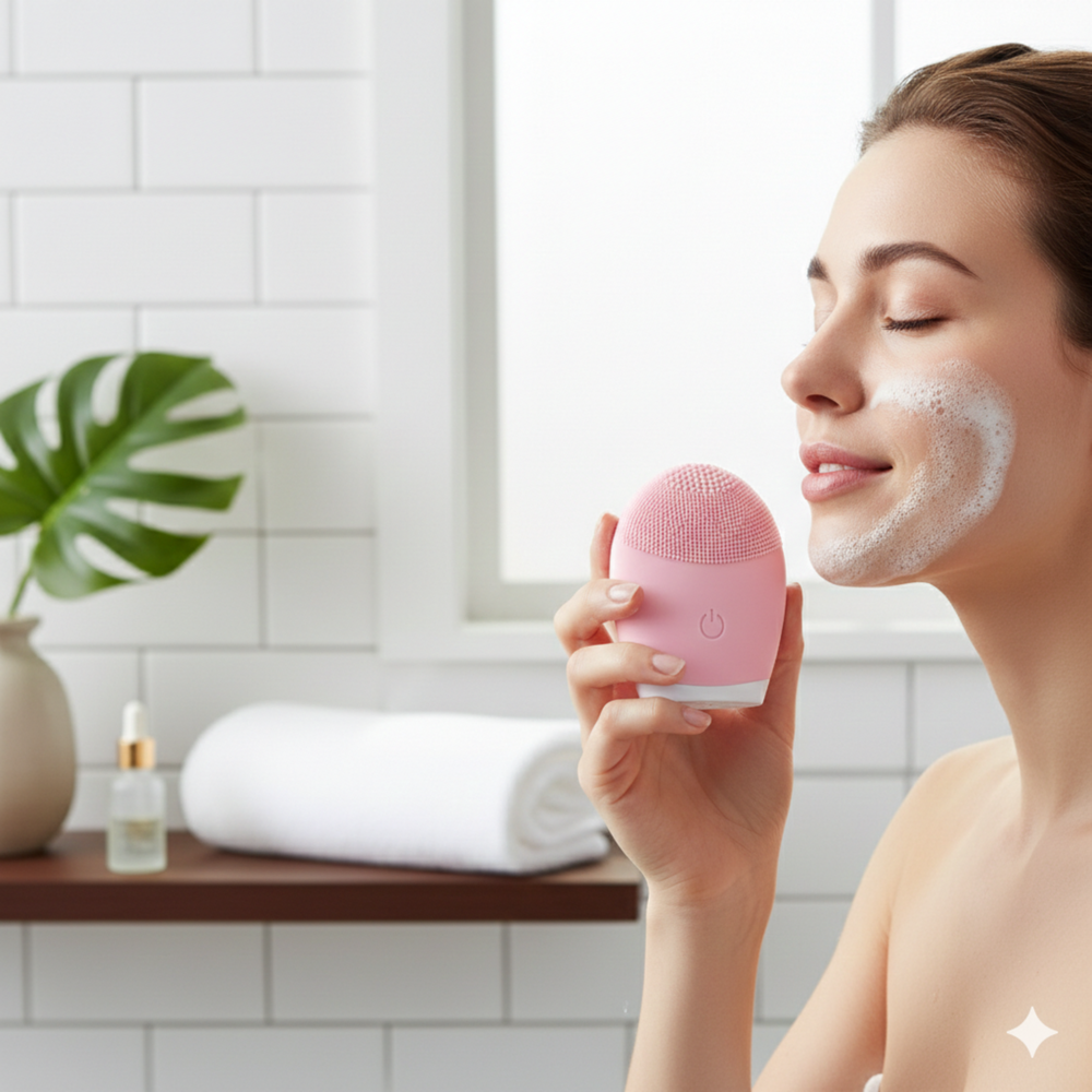 Woman using a pink silicone facial cleansing brush with foaming cleanser in a bright bathroom.
