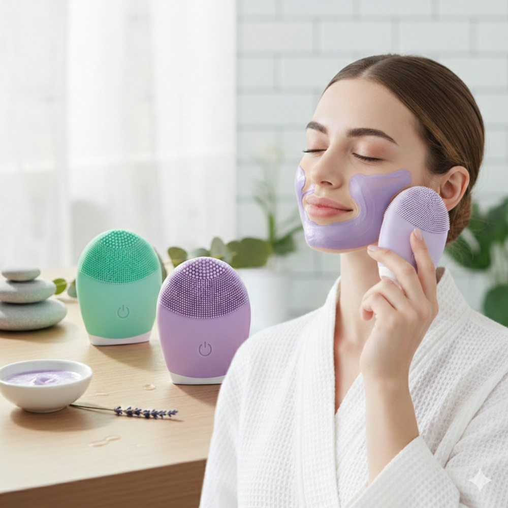 Woman using a purple silicone facial cleansing brush while wearing a lavender face mask in a bathroom.