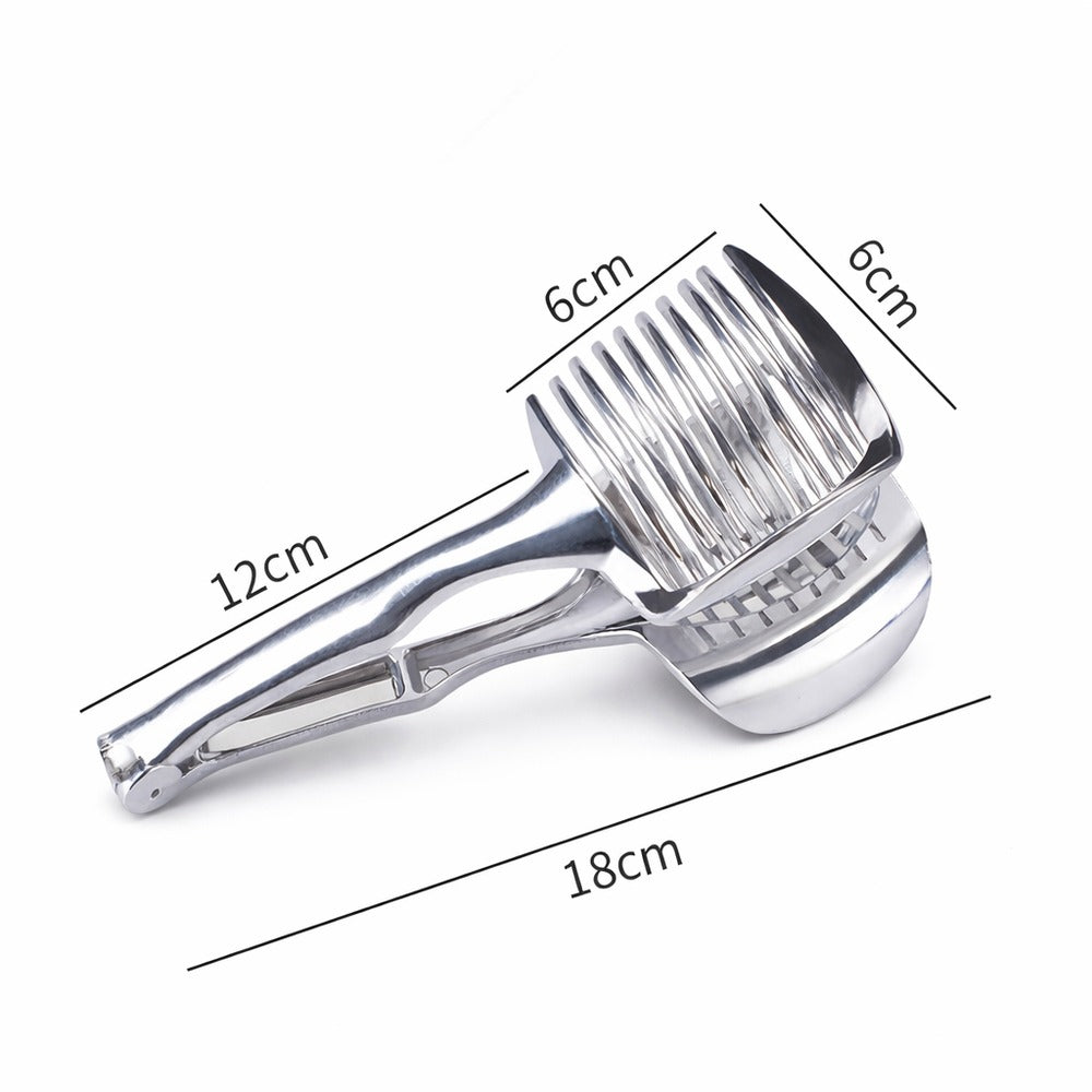 A stainless steel food slicer is shown on a white background with size measurements, including 18 cm total length and 6 cm head width.
