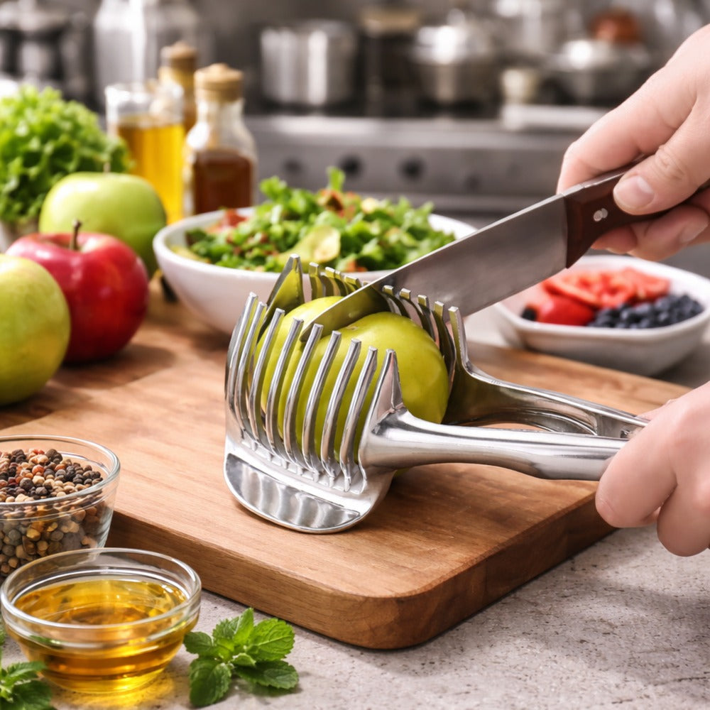 A stainless-steel food slicer holding a green apple while a chef slices it on a cutting board in a restaurant kitchen.