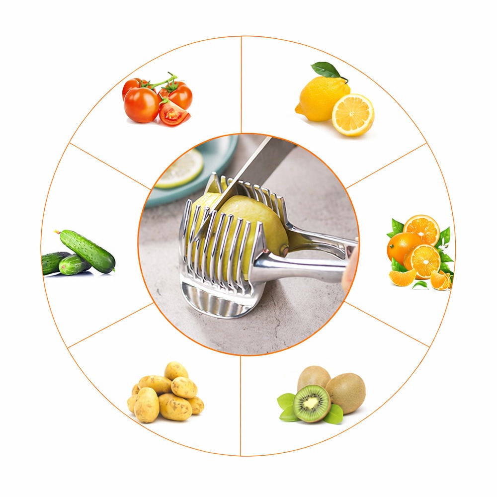 Circular infographic collage showing the stainless-steel food slicer and examples of fruits and vegetables it can slice.
