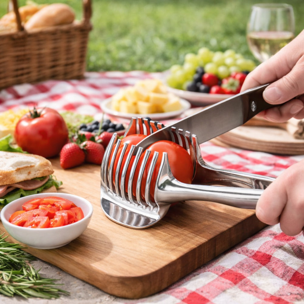 A stainless-steel food slicer holding a tomato while slicing on a picnic setup with a checkered blanket and snacks.