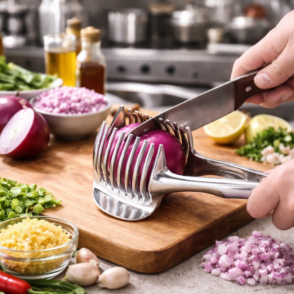 A stainless-steel food slicer holding a red onion while a knife slices it on a cutting board in a restaurant kitchen.