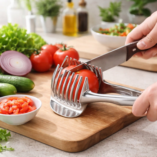A stainless-steel food slicer holding a tomato while a knife slices it on a wooden cutting board in a bright kitchen.