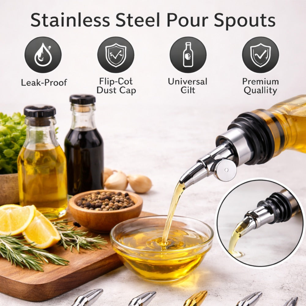 Stainless steel pour spouts infographic with feature icons and olive oil pouring demo, cropped to keep the title at the top.