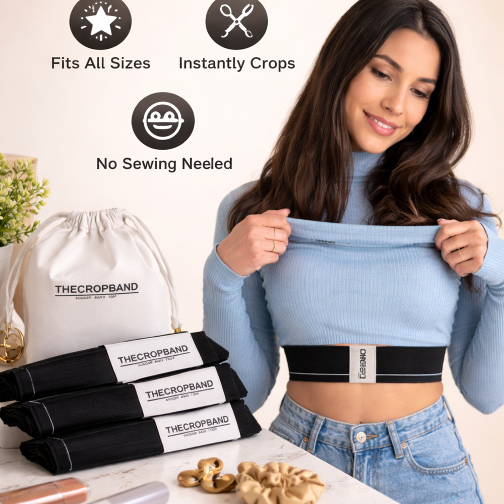 Model wearing THECROPBAND under a cropped blue top with product bundles and icons showing fits all sizes, instantly crops, and no sewing needed.