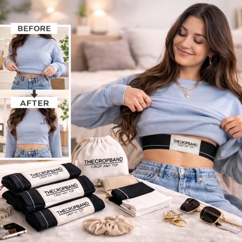 Model using THECROPBAND under a blue sweater with a before-and-after inset and product bundles displayed on a table in a bedroom setting.