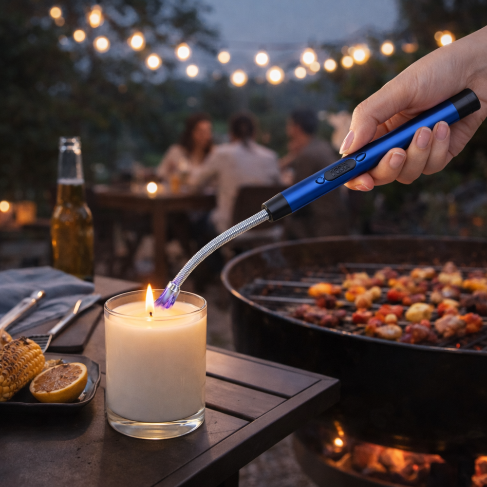 A blue USB arc lighter lighting a candle beside an outdoor barbecue grill at dusk with string lights in the background.