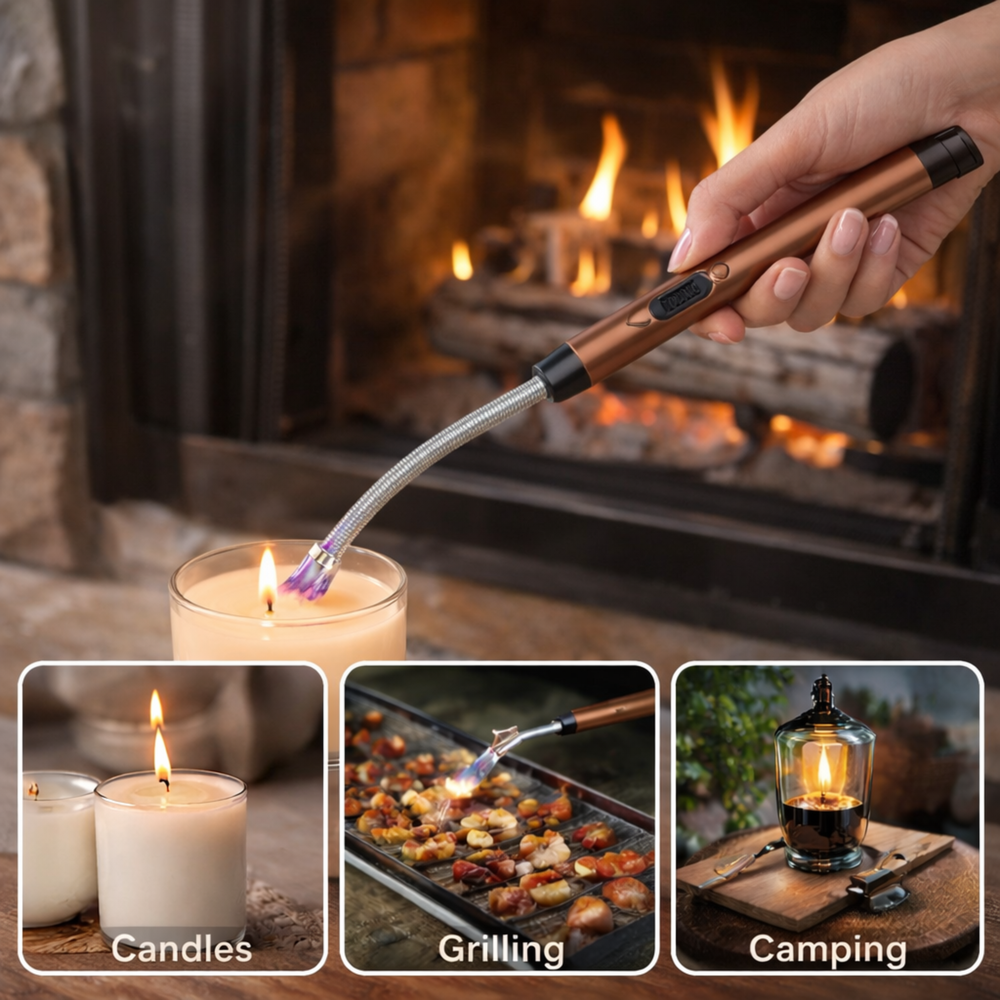 A bronze USB arc lighter lighting a candle in front of a fireplace with candles, grilling, and camping usage panels.