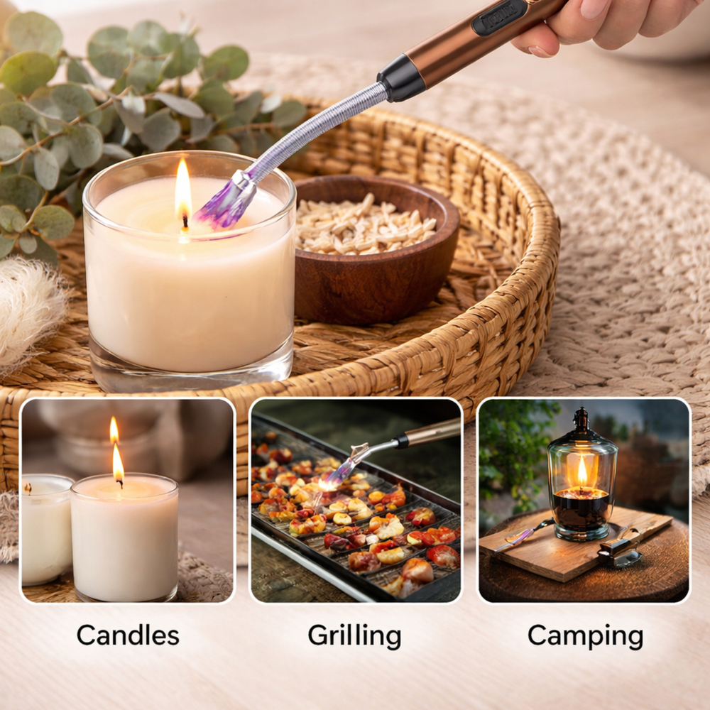 Bronze USB arc lighter lighting a candle with three usage panels for candles, grilling, and camping.