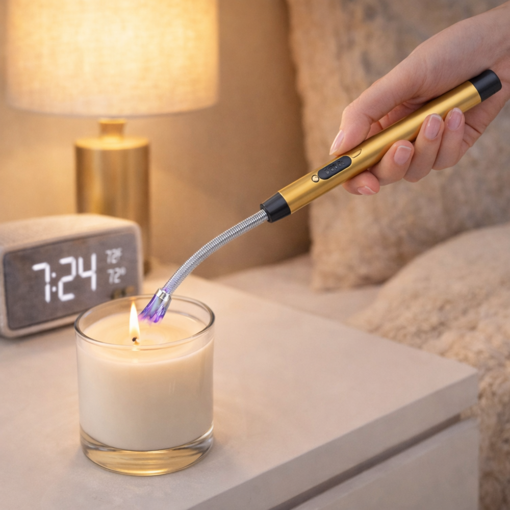 A gold USB arc lighter lighting a candle on a bedside table with a warm lamp and digital clock in the background.