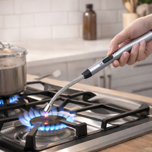 A silver USB arc lighter igniting a gas stove burner in a modern kitchen with a pot on the stove.