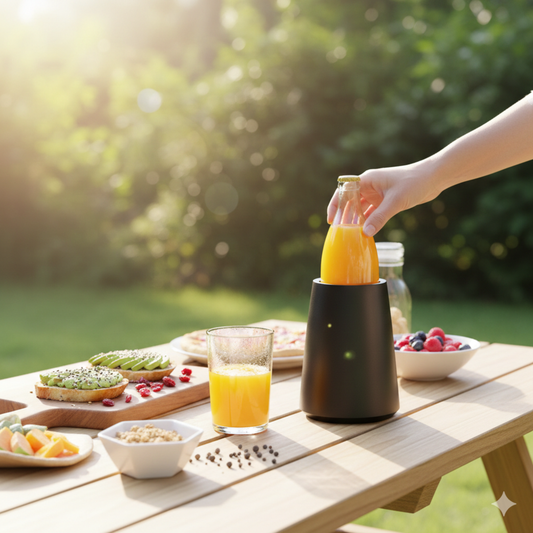 Black wine bottle chiller on an outdoor table with a chilled orange drink bottle and breakfast snacks