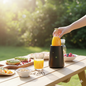 Black wine bottle chiller on an outdoor table with a chilled orange drink bottle and breakfast snacks