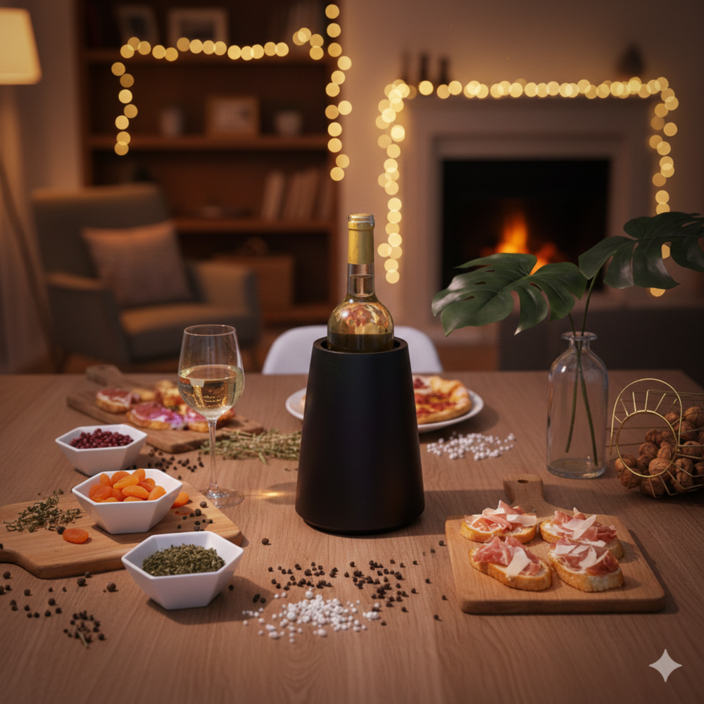 Black wine bottle chiller on a dining table with a wine bottle, glass, and appetizers in a cozy indoor setting