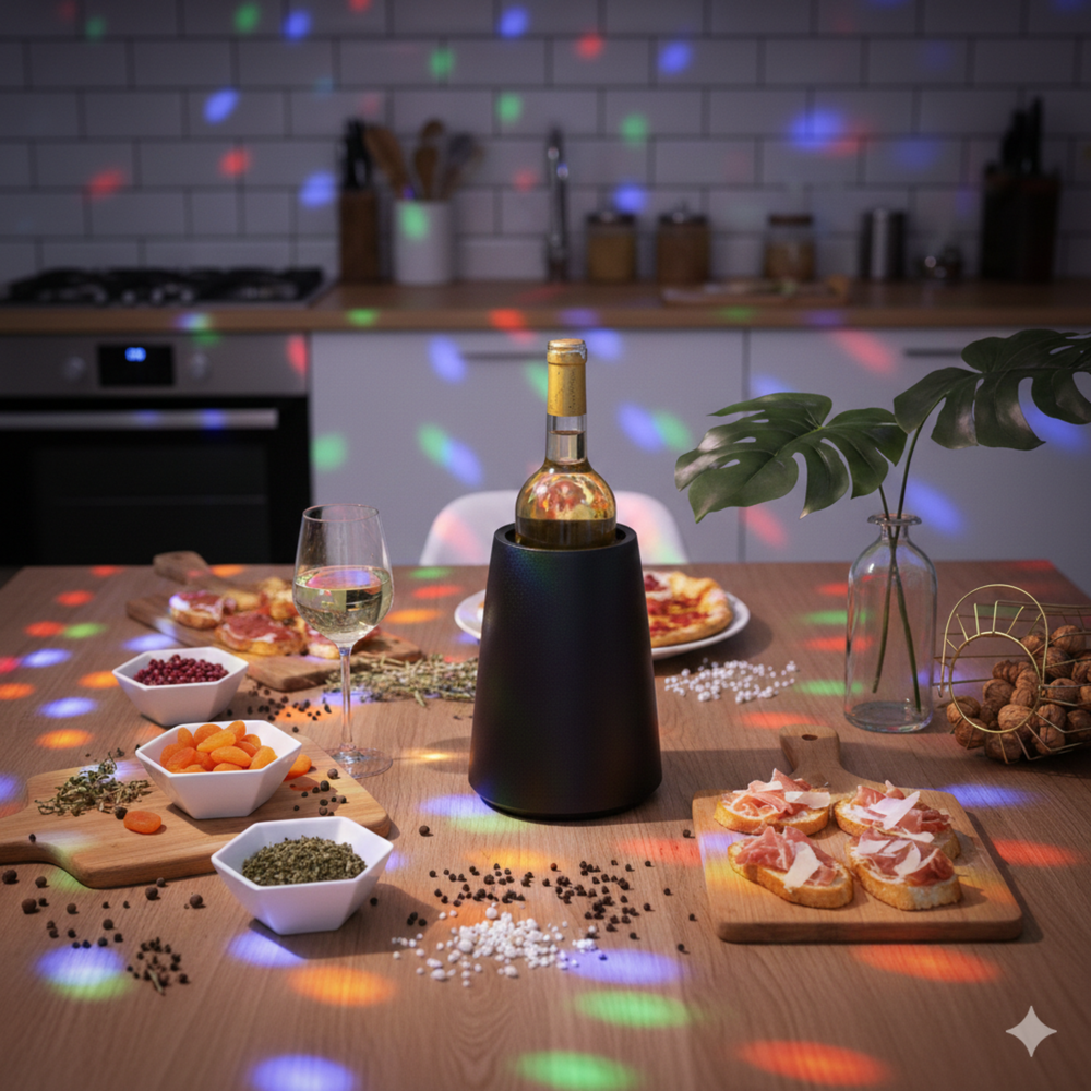 Black wine bottle chiller on a kitchen table with a wine bottle and colorful party lights