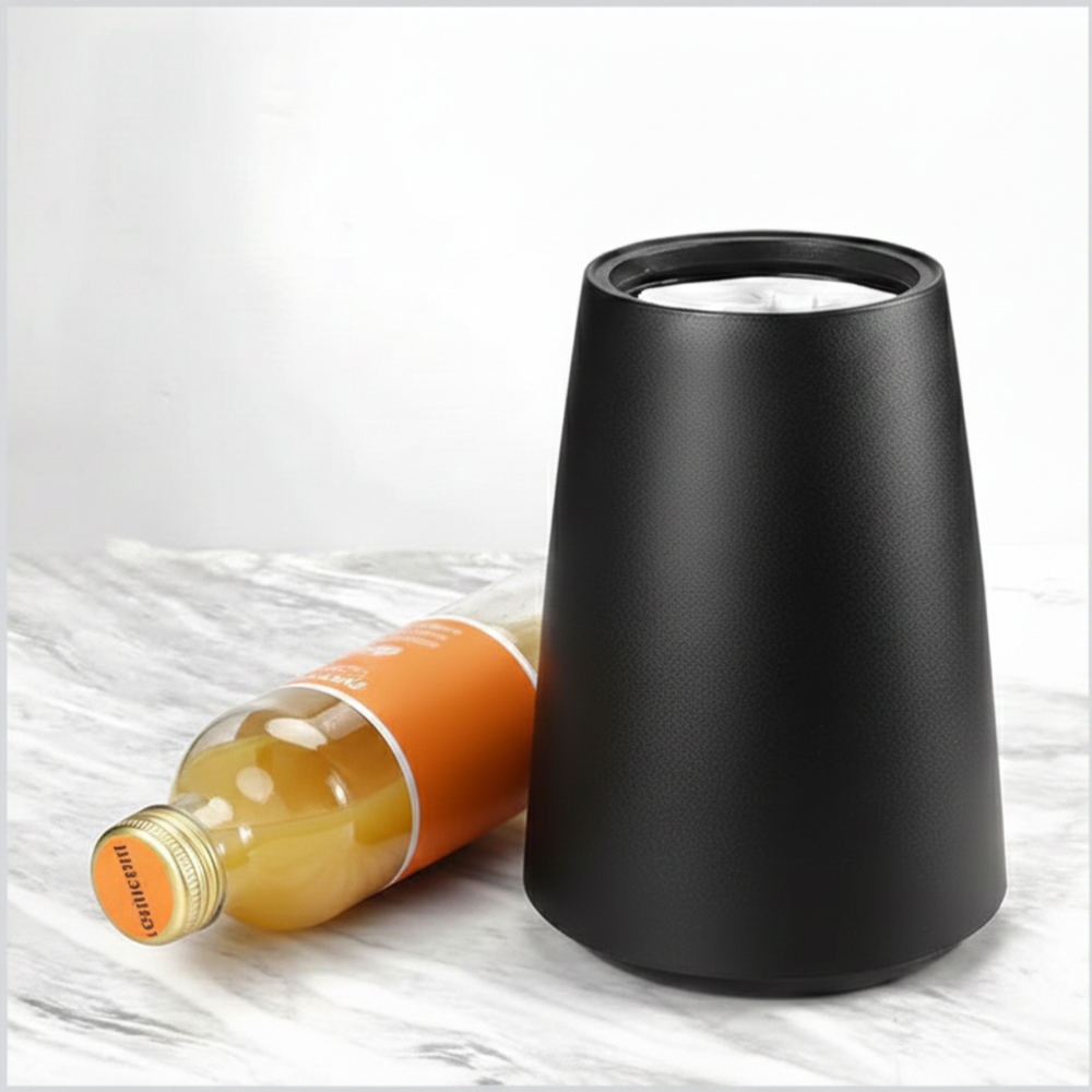 Black wine bottle chiller product image with an orange beverage bottle on a marble surface