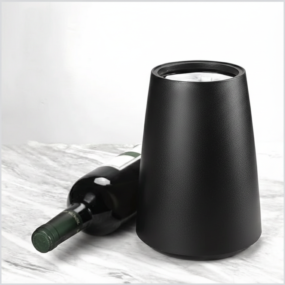 Black wine bottle chiller product image with a wine bottle on a marble surface