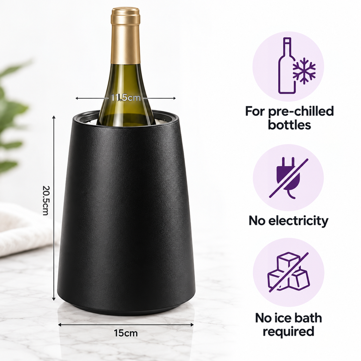 Black wine bottle chiller holding a pre-chilled bottle with infographic icons showing no electricity and no ice bath required.